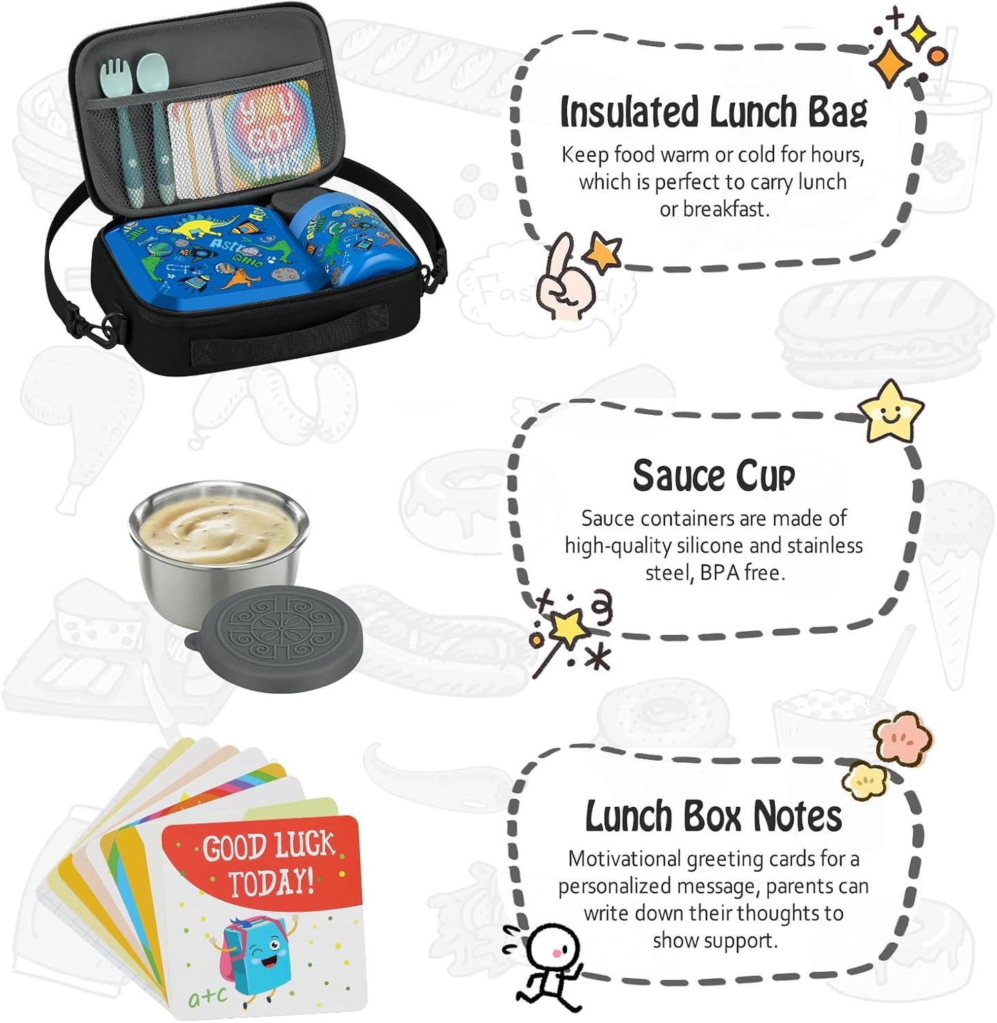 Itslife Bento Lunch Box Set for Kids with 12oz Soup Thermo&Lunch Bag, Leak-Proof Lunch Food Containers for Kids School, 5 Compartment, Sauce Cup, 10 Notes (Dinosaurs Black)