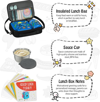 Itslife Bento Lunch Box Set for Kids with 12oz Soup Thermo&Lunch Bag, Leak-Proof Lunch Food Containers for Kids School, 5 Compartment, Sauce Cup, 10 Notes (Dinosaurs Black)