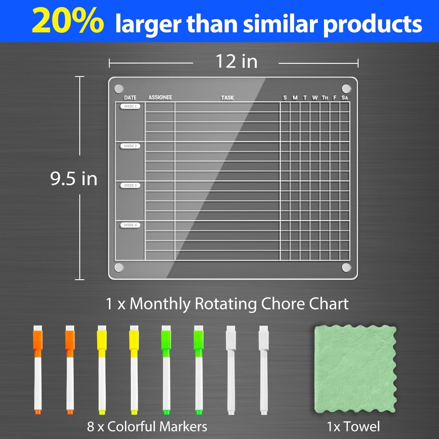 PigPotParty Acrylic Magnetic Chore Chart for Adults, 12x9.5 Inch Clear Dry Erase Chore Board for Fridge, Daily Weekly and Notes Sections, Pre-Installed Embedded Magnets, 8 Fine-tip Markers and Towel