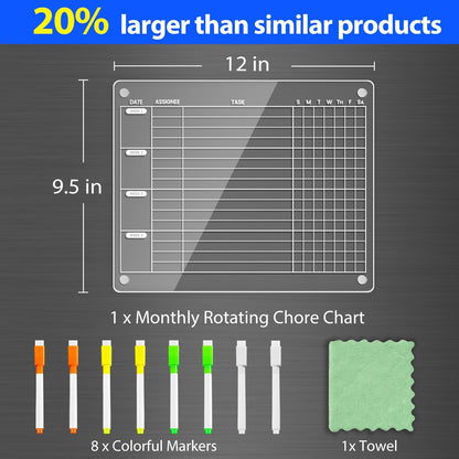 PigPotParty Acrylic Magnetic Chore Chart for Adults, 12x9.5 Inch Clear Dry Erase Chore Board for Fridge, Daily Weekly and Notes Sections, Pre-Installed Embedded Magnets, 8 Fine-tip Markers and Towel