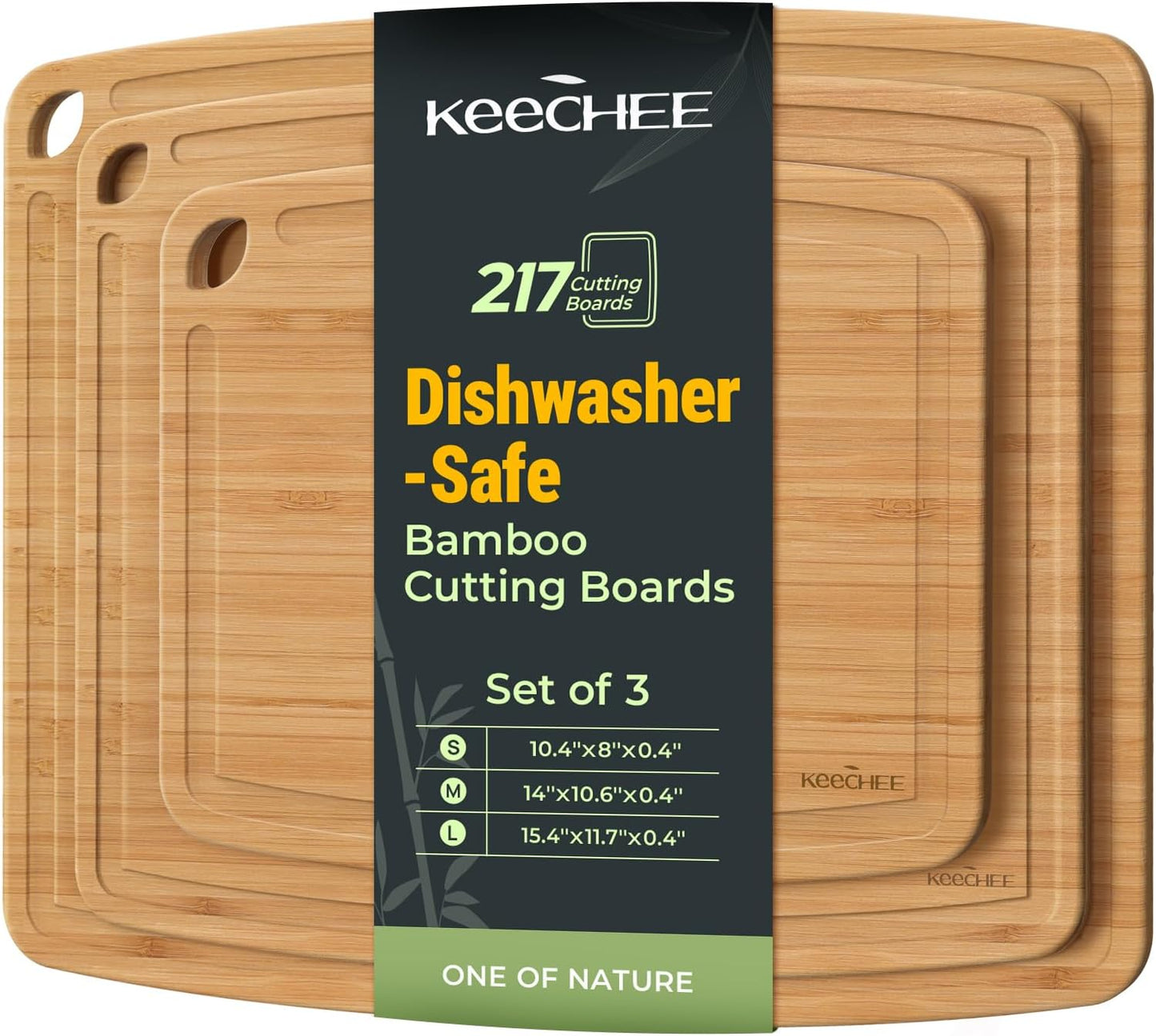 Keechee Dishwasher Safe Bamboo Cutting Boards Durable Lightweight Wood Cutting Board for Busy Kitchen, Easy Clean Wooden Chopping Boards with Juice Groove Set of 3 (L+M+S)