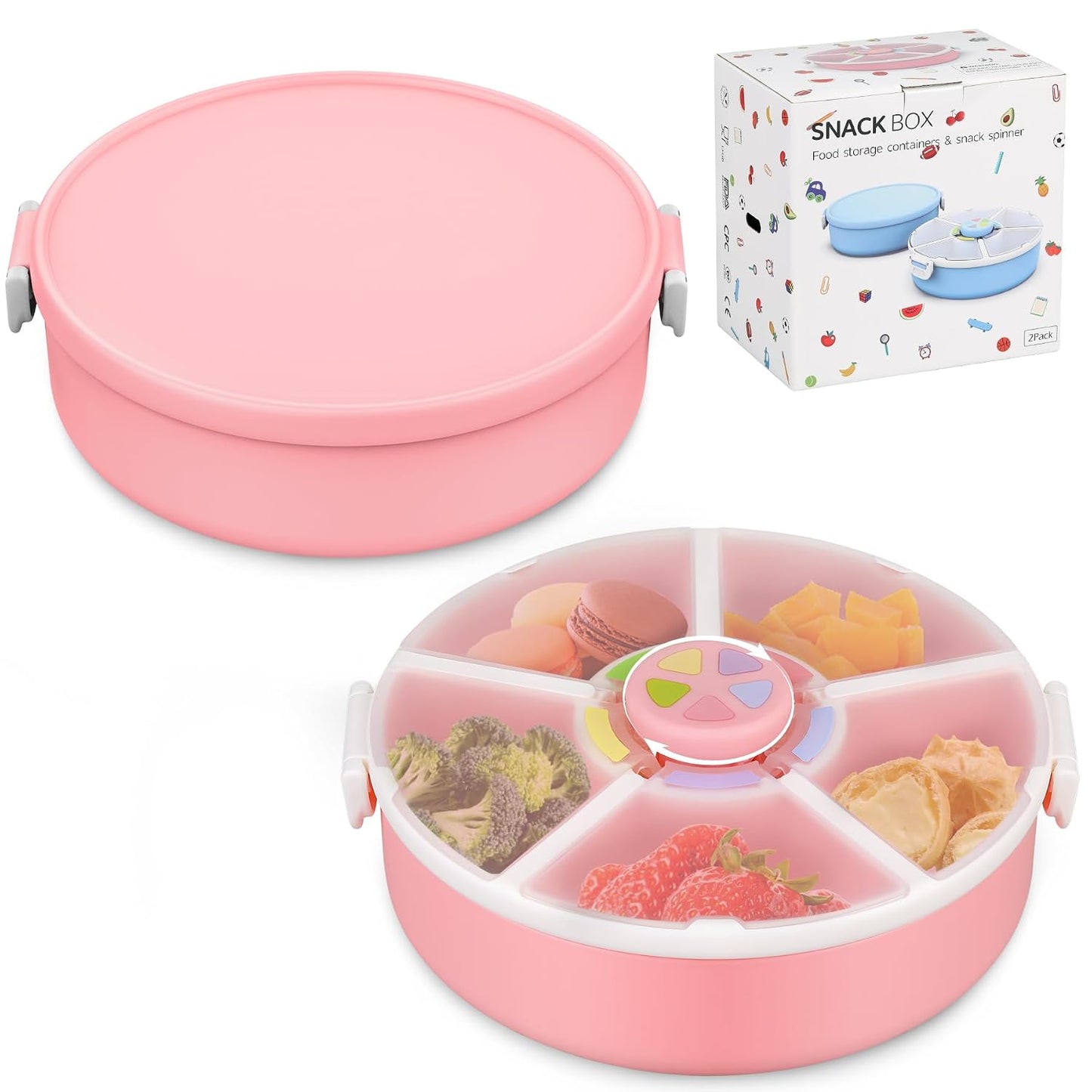 JOOPETALK Kids Reusable Rotating Snack Container with 5 Separate Compartments, Color Matching Opening Lid, BPA/PVC-Free, Dishwasher Safe, Perfect for Travel, School Lunches & On-the-Go Snacking-Purple