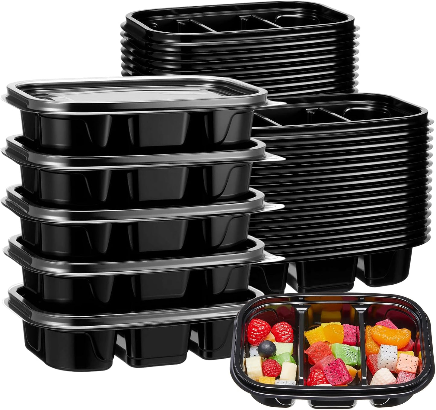 Chunful 36 Pcs 3 Compartment Transparent Snack Containers with Lids Disposable Bento Box Plastic Food Meal Prep Containers for Condiment Salad Dipping School Work Lunch