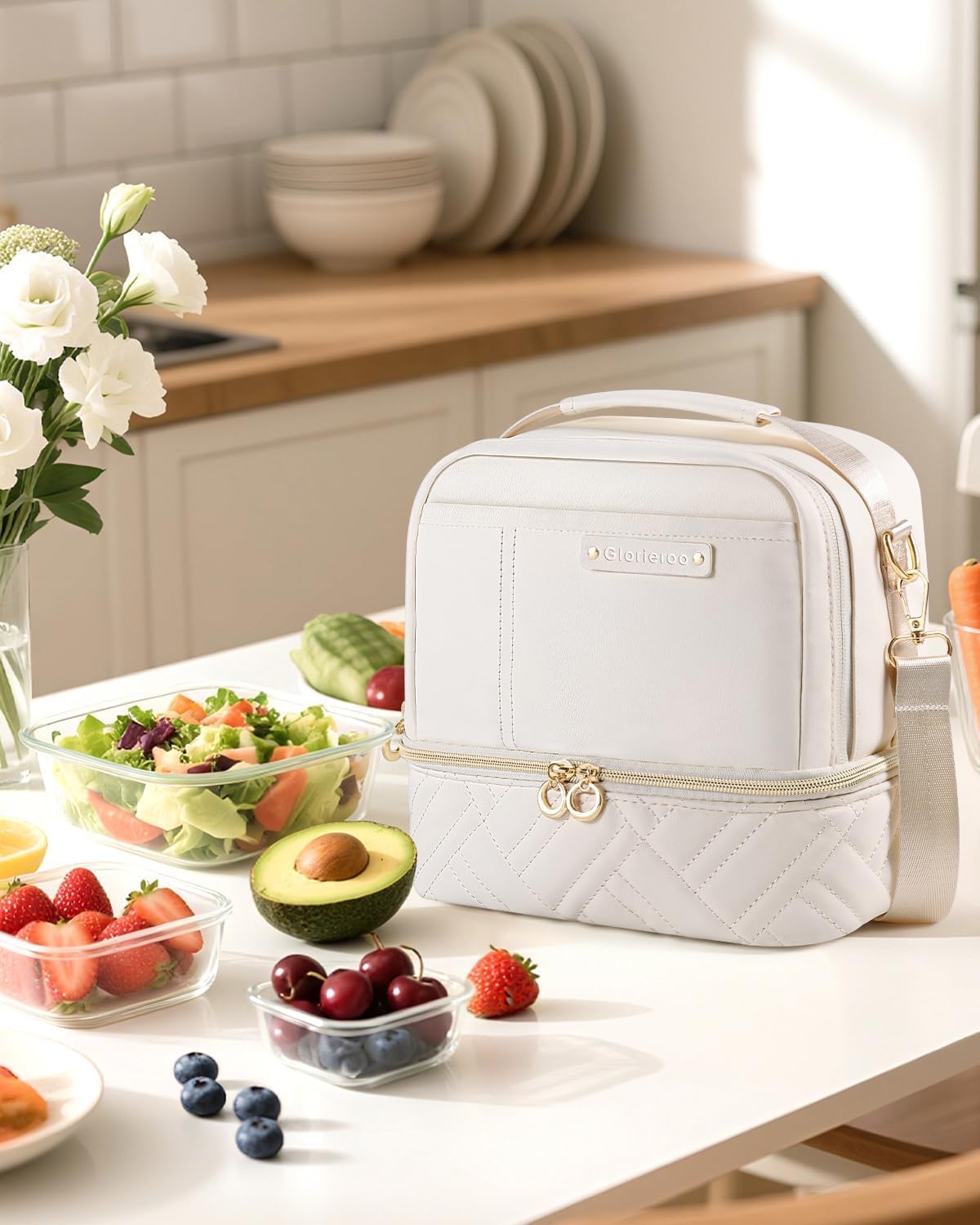 Double Deck Lunch Box Bag Women - Vegan Leather Insulated Waterproof Leakproof Cooler for Work Travel Picnics - Teacher Mothers Day Christmas Birthday Gifts