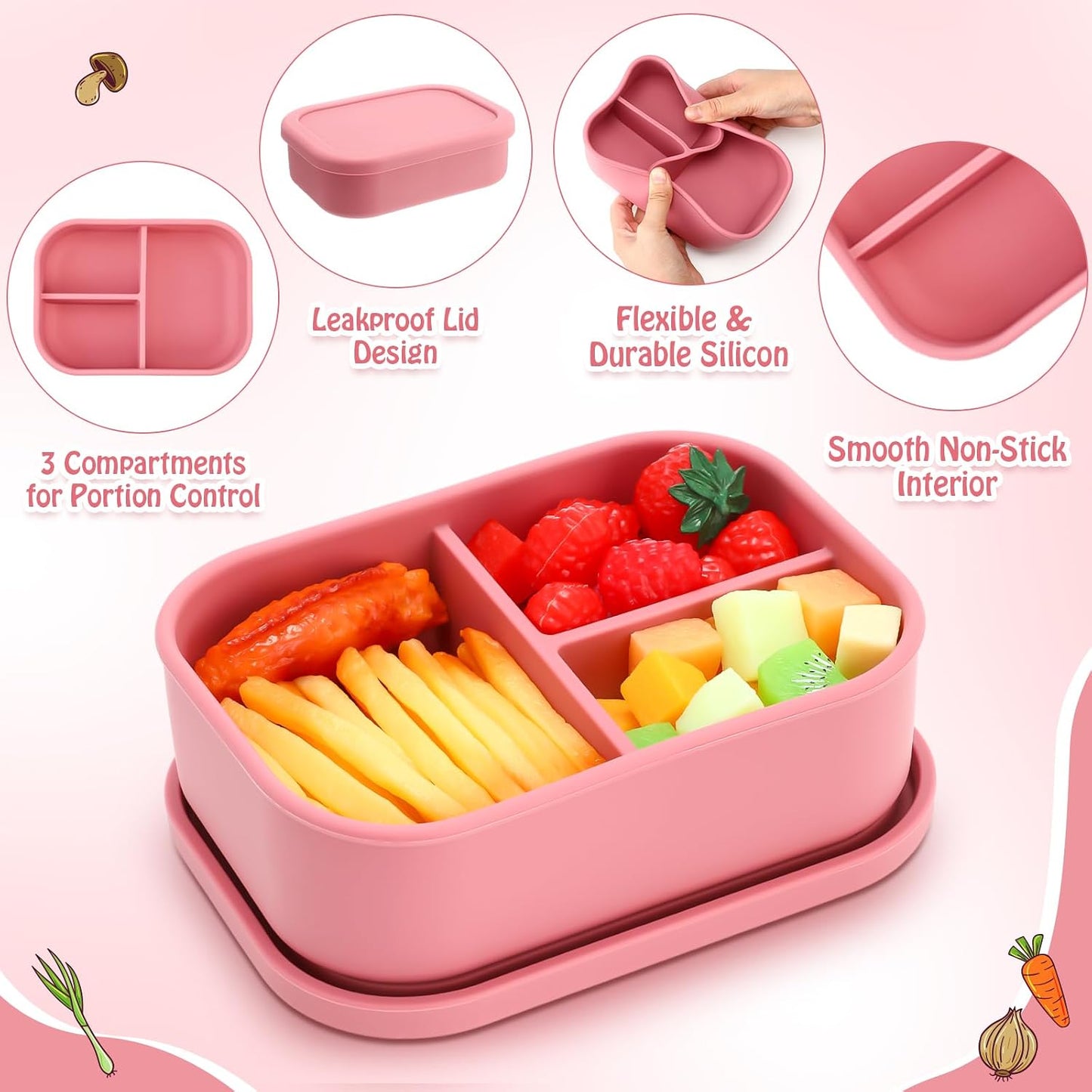 Honeydak 6 Pcs Silicone Bento Box Reusable Silicone Bento Lunch Container for Adults Microwave Dishwasher Freezer Safe 3 Compartment (Light Colors)