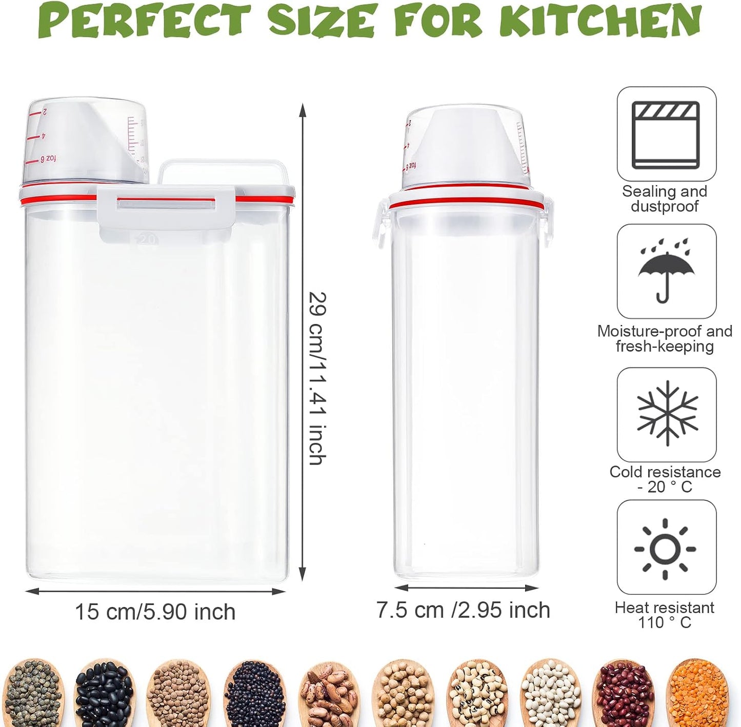 Cereal Containers Set 4 Pcs Airtight Food Storage Container with Measuring Cup Dispenser Plastic Storage Containers with Lids for Rice Oatmeal Flour Grain & Pet Cat Dog Food Container, 2.5 L