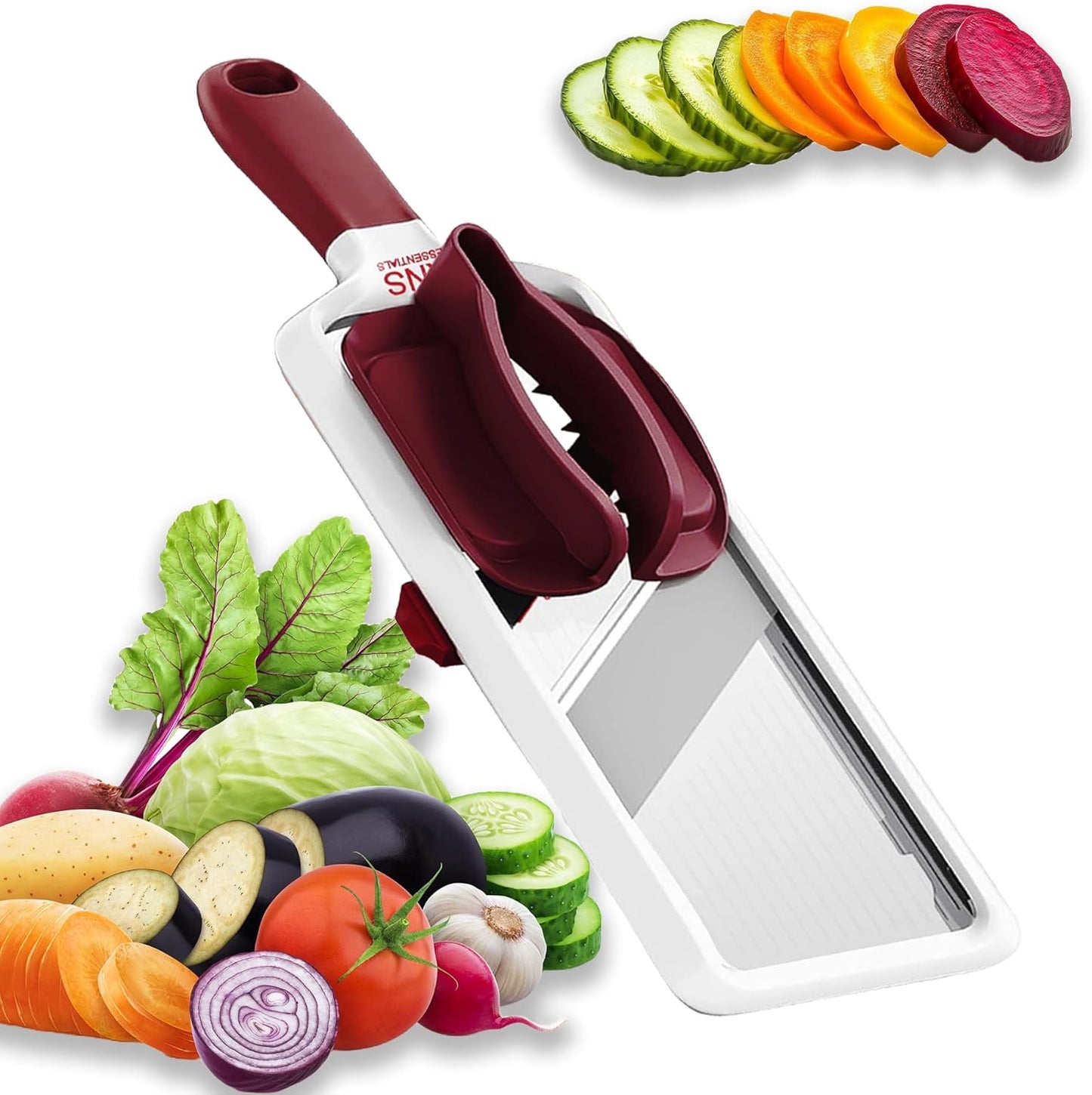 Mandoline Slicer for Kitchen – Adjustable Stainless Steel Blades, with Comfort Grip – Vegetable Slicer for Small to Medium sized Cucumber, Onion, Potato – Gray