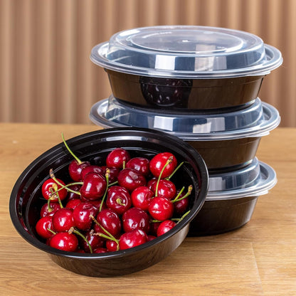 30oz Meal Prep Containers Bulk 50-Pack - 2-Compartment with Lids, Leakproof, Microwave/Freezer/Dishwasher Safe - Commercial Food Storage, Black