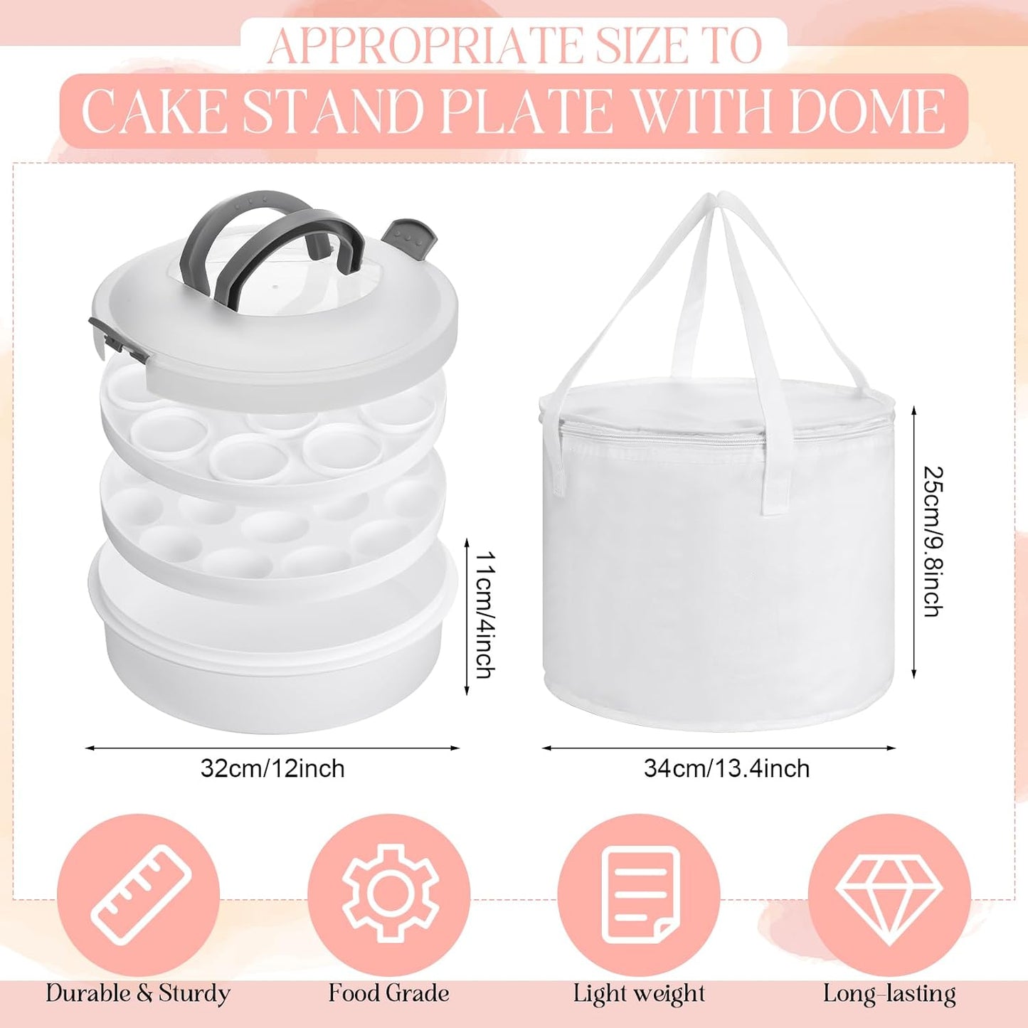 Vesici Set of 3 12'' Round Pie Holder Insulated Thermal Casserole Carriers for Hot or Cold Food 2 Pcs Plastic Cake Container with Lid Handle Portable Cake Carriers for Transport Cupcake Pie Pastry