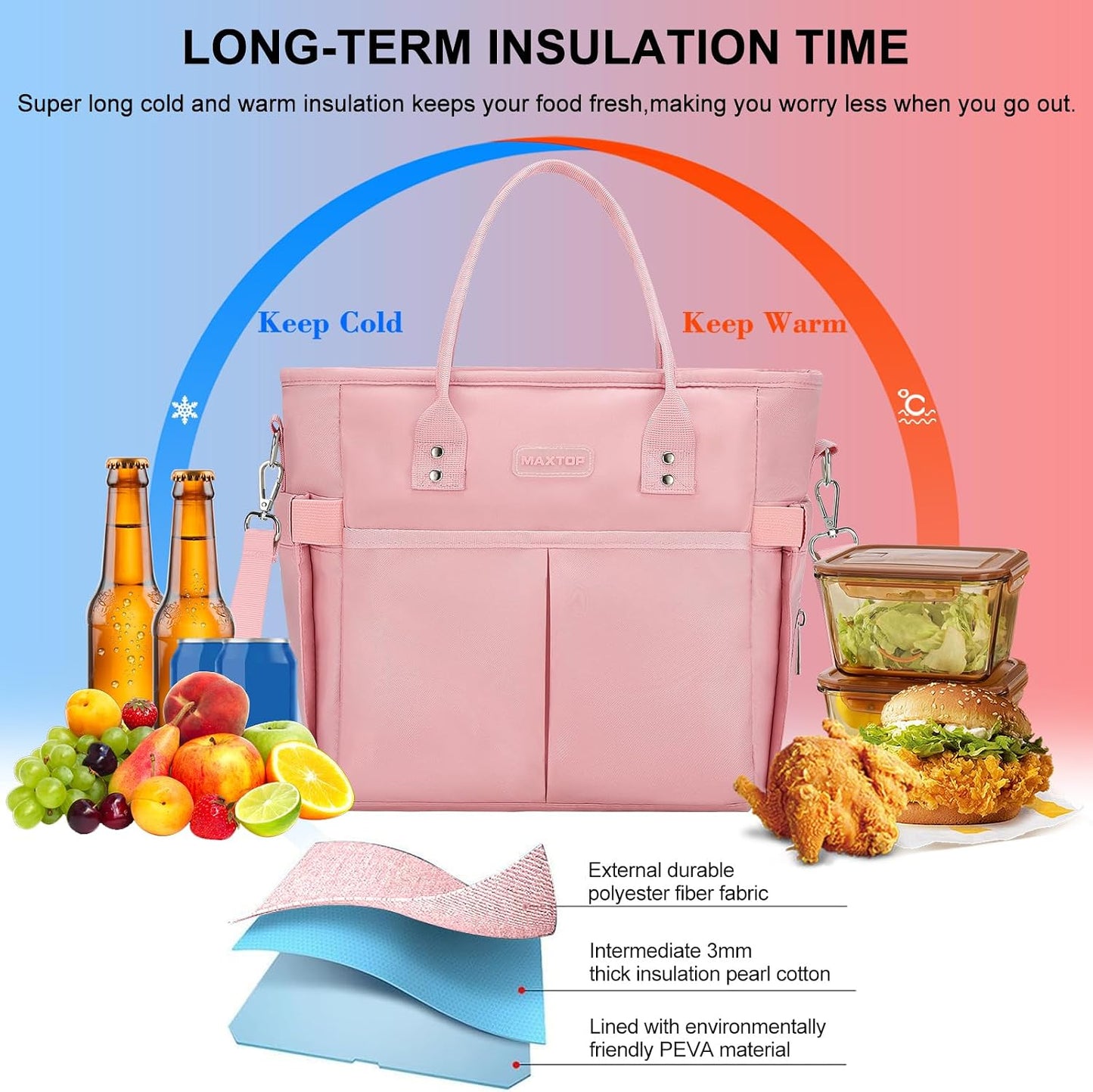 MAXTOP Lunch Bag Women for Work Insulated Thermal Lunch Box for Men with Wide-Open Pocket Reusable Leakproof Cooler Bags with Removable Shoulder Strap for Teacher Nurse Office Picnic Travel Black
