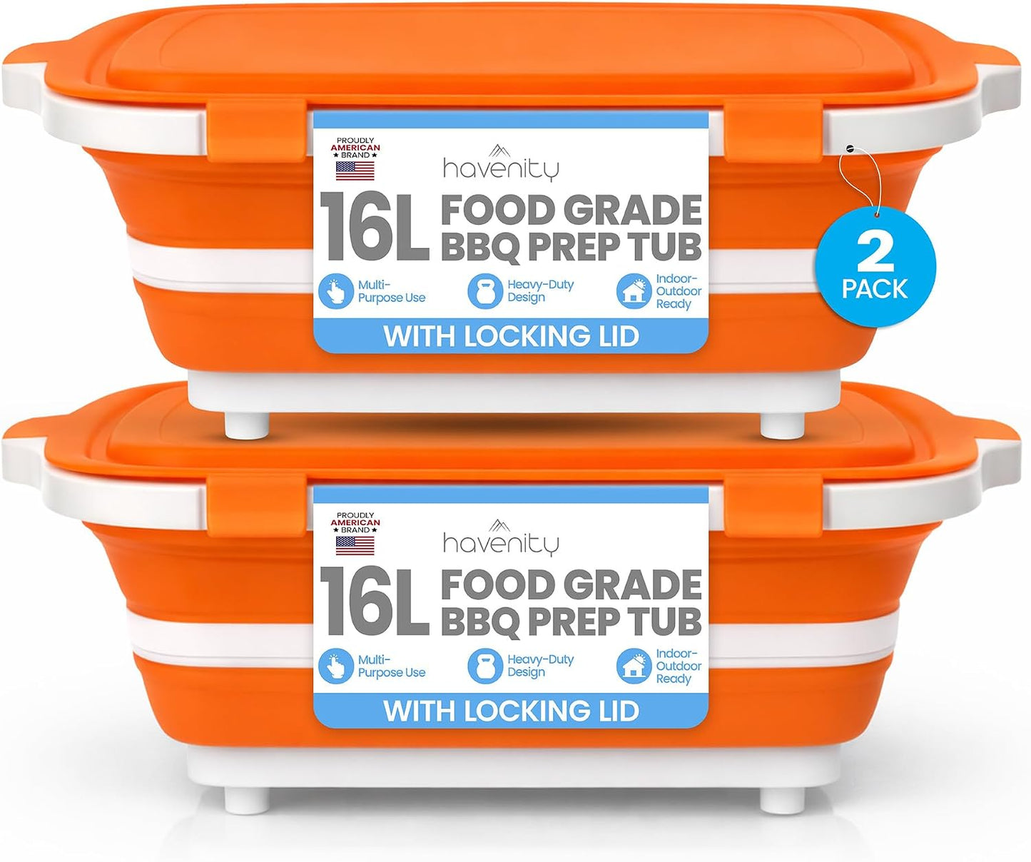 BBQ Prep Tub 2 Pack (8L+8L) - Multifunctional Collapsible Camping Cutting Board with Upgraded Locking Lid, Meal Prep Meat Storage Container Perfect for Grilling, Outdoor Cooking (Large x 2)