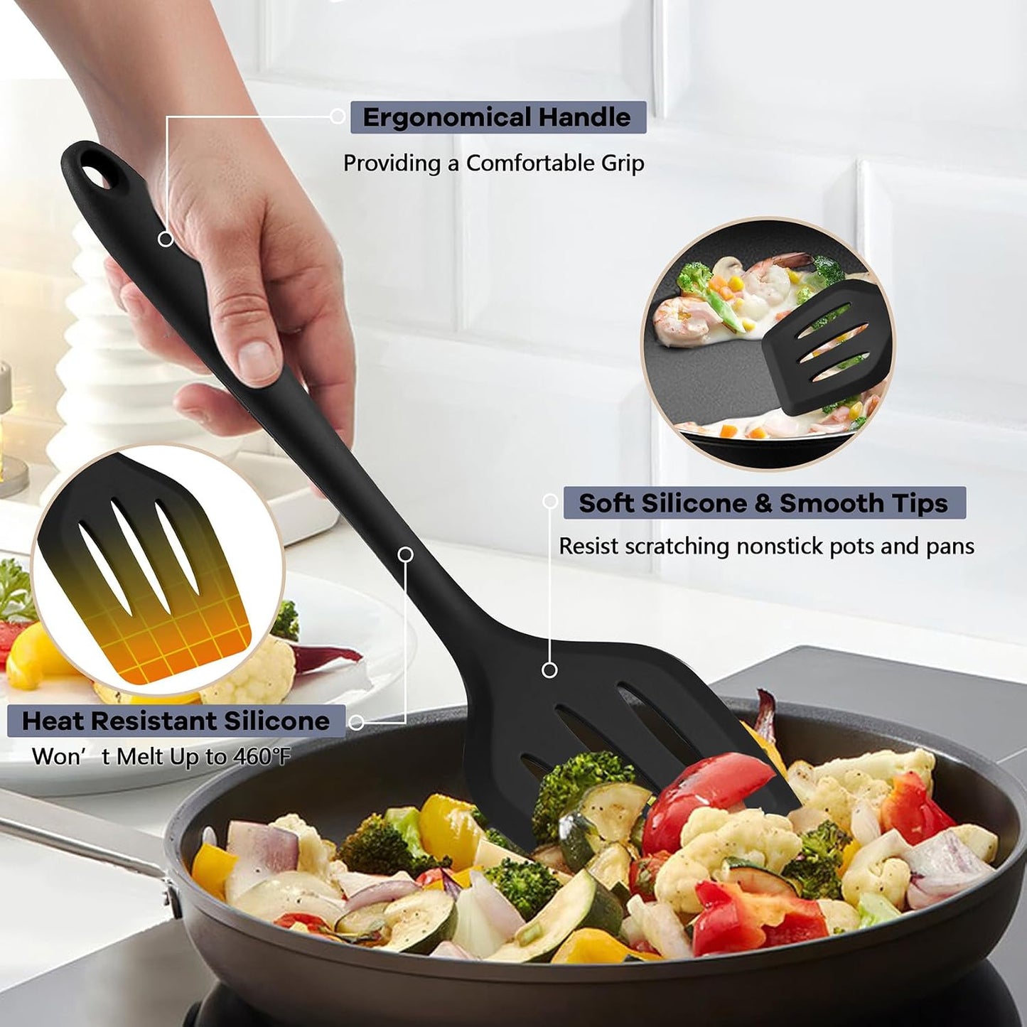 TeamFar Silicone Cooking Utensils, 10 pcs Kitchen Cooking Utensils Set, 446°F Heat Resistant Kitchen Gadgets Tools Set w/Spatula, Turners, Spoons, Soup Ladle, Pasta Server for Nonstick Cookware, Black