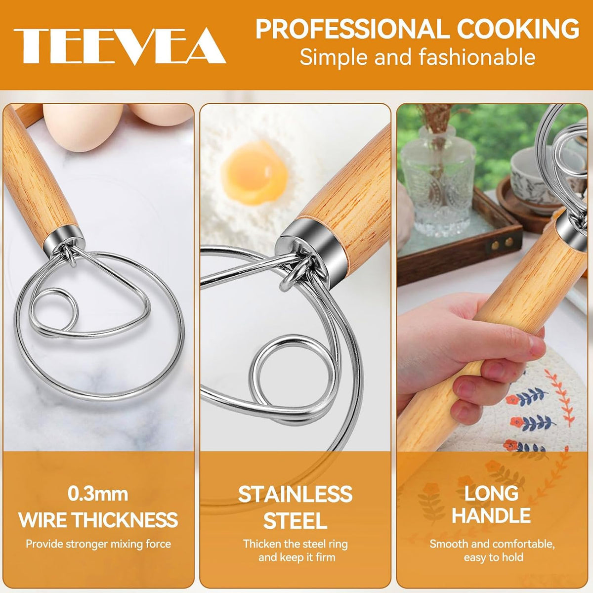 TEEVEA Danish Dough Whisk, Stainless Steel for Sourdough Bread