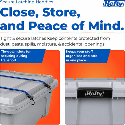 Hefty MAX Pro 12 Gallon Storage Bins with Latching Lids, Heavy Duty Stackable Plastic Storage Containers for Garage, Basement & Outdoor Use, Utility Storage Tote, 6 Pack, Gray
