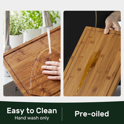 Kikcoin 17"×11" Bamboo Cutting Boards for Kitchen, Knife-Friendly Food Grade Wooden Cutting Boards for Kitchen, Charcuterie, Extra Large Chopping Boards with Deep Juice Groove, Reversible, Natural