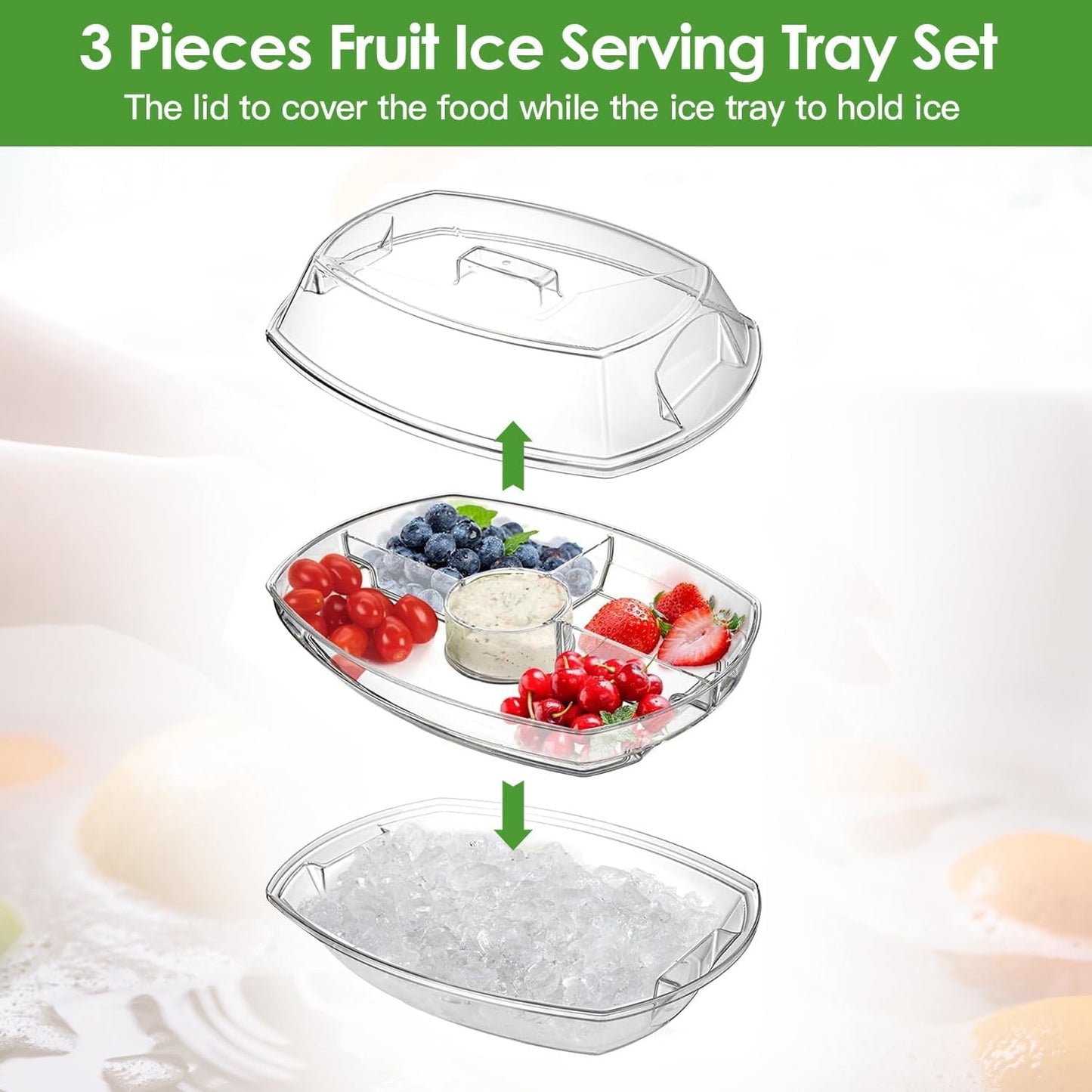 Fruit & Veggie Ice Serving Tray with Lid – 4 Compartments, Buffet Server for Shrimp Cocktail, Appetizers & Cold Foods – Includes 3 Tongs & 10 Sporks