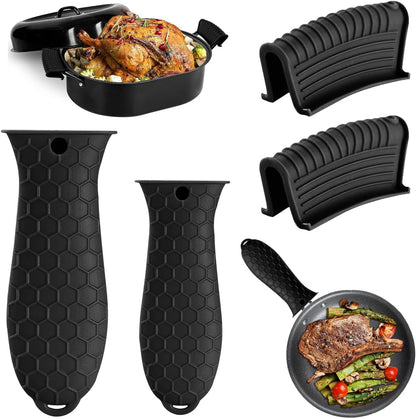 4 Pack Silicone Hot Handle Holder Cover Cast Iron Handle Cover Silicone Pot Holders Heat Resistant Assist Pan Handle Sleeve Non-Slip Pot Handle Covers for Cast Iron Skillet Metal Pan(Black)