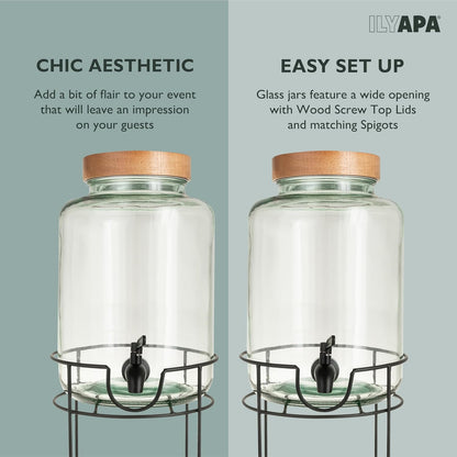 Ilyapa Double Glass Beverage Dispenser with Stand, 2 Gal Each - Wood Top