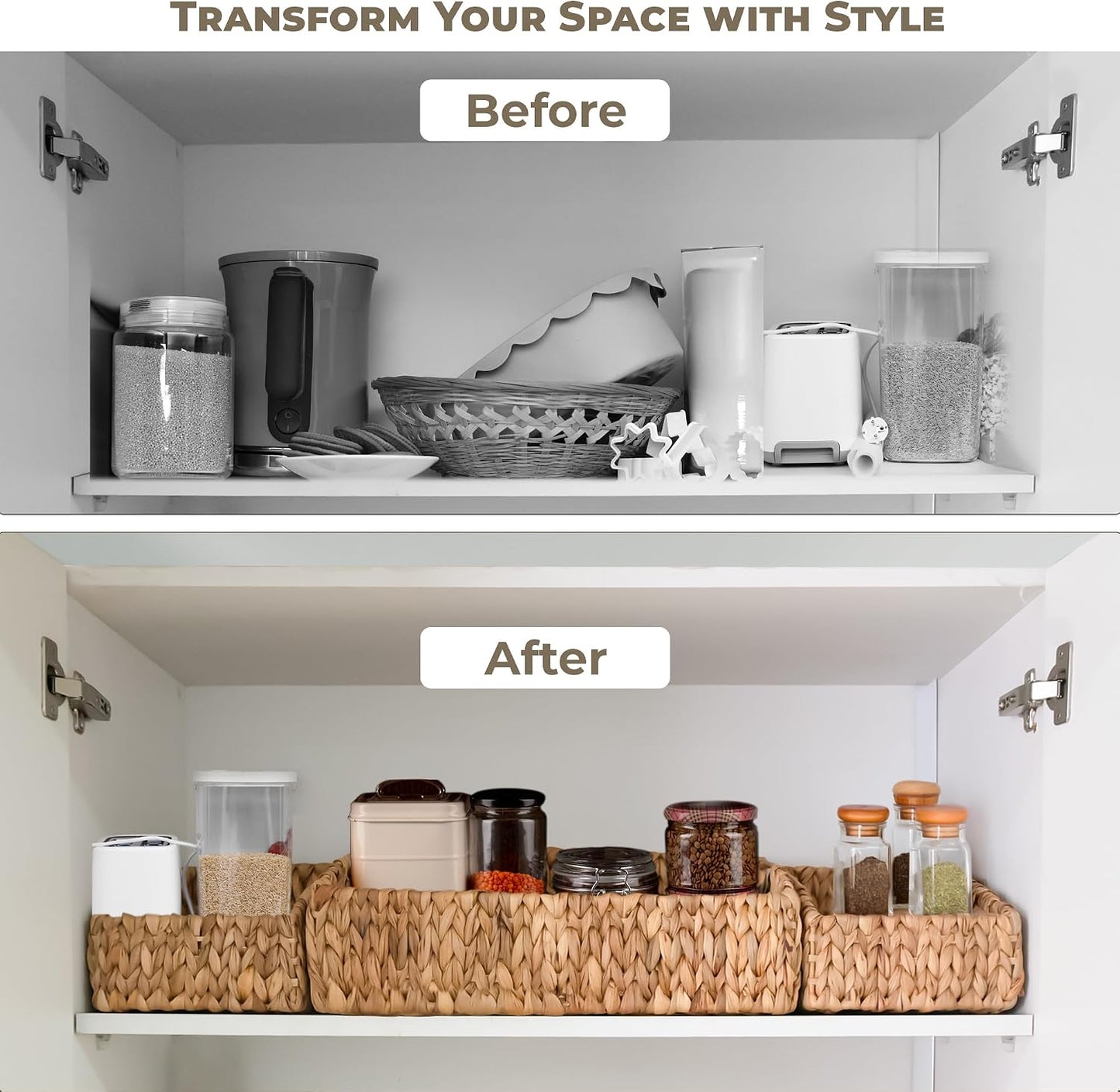 KOKODO 2-Pack Open Front Pantry Baskets, Handwoven Water Hyacinth Wicker Storage Baskets with Built-in Handles, Organizing Bins for Shelves