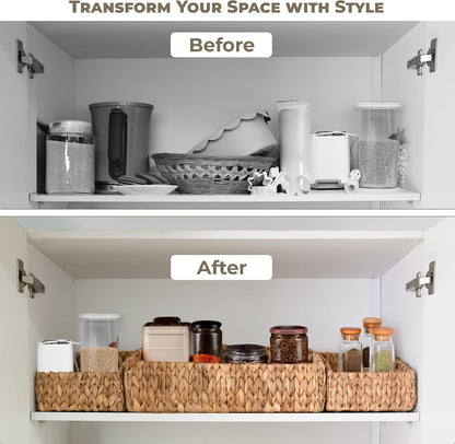 KOKODO 2-Pack Open Front Pantry Baskets, Handwoven Water Hyacinth Wicker Storage Baskets with Built-in Handles, Organizing Bins for Shelves