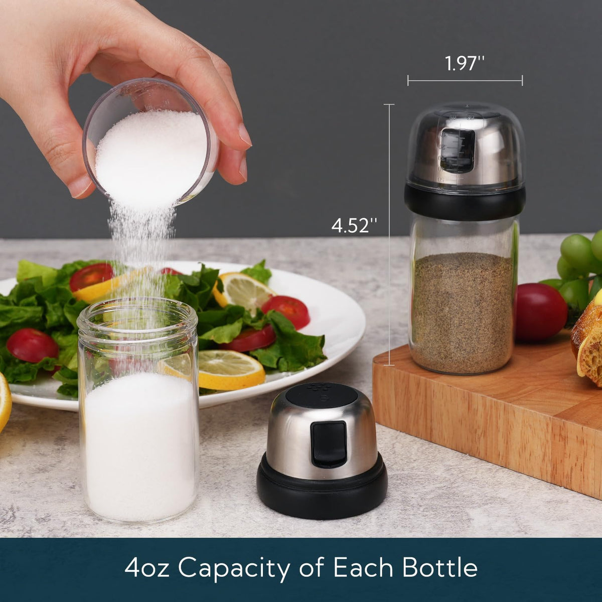 KTCHENDAO 2 in 1 Glass Salt and Pepper Shaker with Side Pour Spout, Built-in Lid for Moisture-proof, Elegant Borosilicate Glass Salt Pepper Dispenser set for Kitchen, BPA Free, 4oz (White)