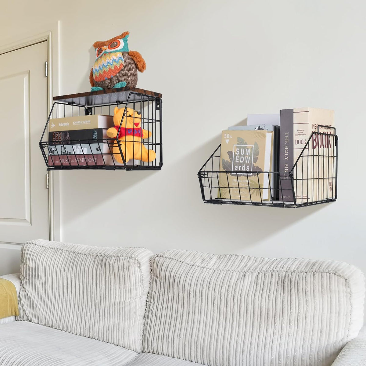 White Fruit Bowl Wire Basket Storage Pantry Fruit and Vegetable Storage Fruit Basket for Kitchen Counter Stackable Wall Mounted Hanging Basket Wire Basket with Wood Lid with Hanger Hooks