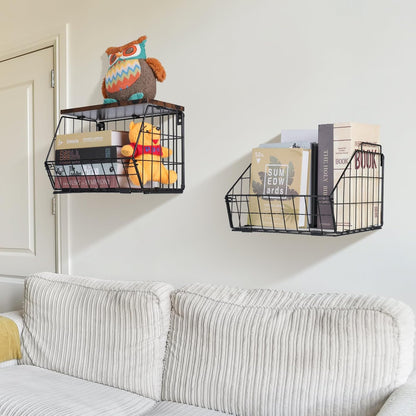 White Fruit Bowl Wire Basket Storage Pantry Fruit and Vegetable Storage Fruit Basket for Kitchen Counter Stackable Wall Mounted Hanging Basket Wire Basket with Wood Lid with Hanger Hooks