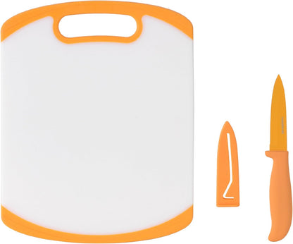 Farberware 2-Piece Paring Knife and Cutting Board Set, 3.5-Inch Paring Knife with Resin Coating and Custom-Fit Blade Cover and Non-Slip Plastic Chopping Board, Dishwasher-Safe Set, White/Blue