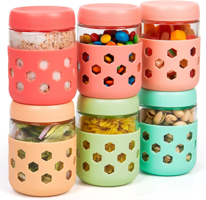 Gemice 6-Pack 10oz Glass Mason Jars with Silicone Sleeves, Airtight BPA-Free Overnight Oats Containers with Lids, Dishwasher Safe Leak-Proof Meal Prep Jars for Chia Pudding, Yogurt, Snacks