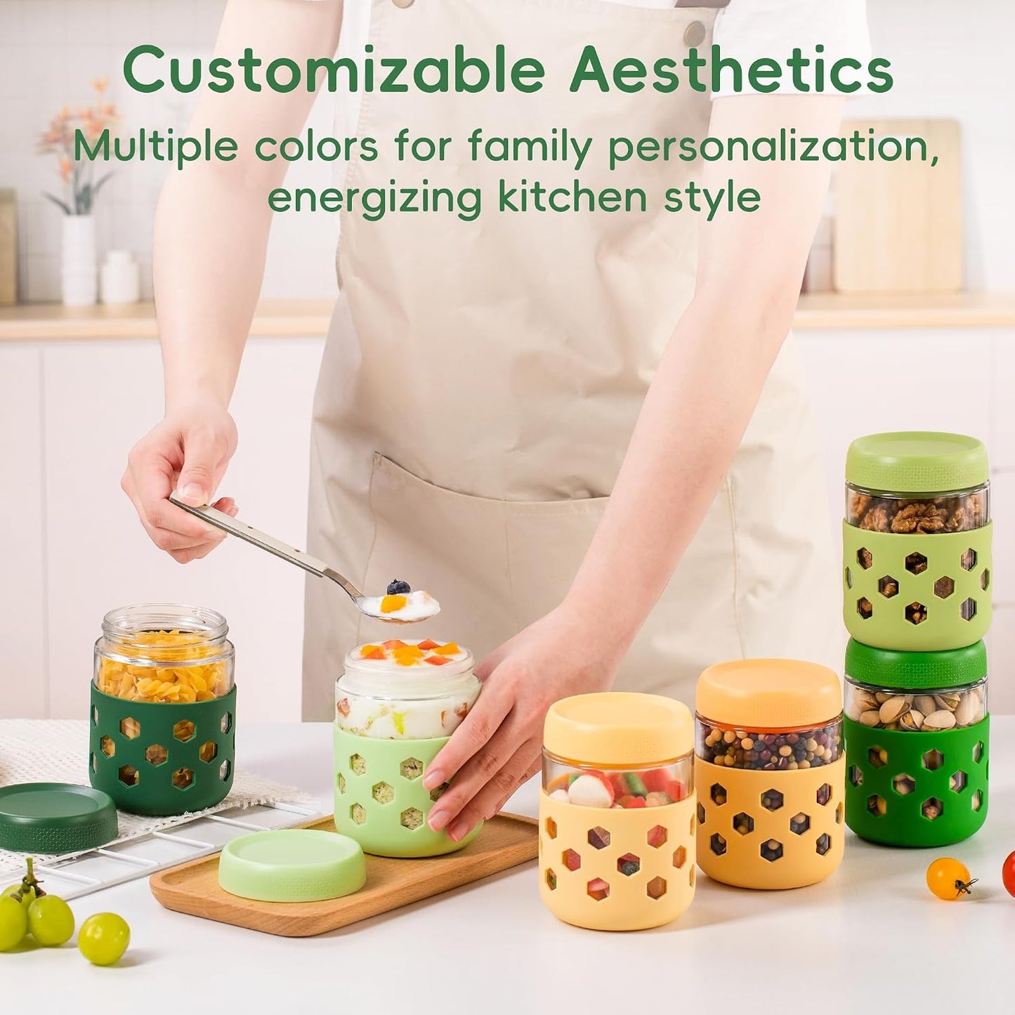 Gemice 6-Pack 10oz Glass Mason Jars with Silicone Sleeves, Airtight BPA-Free Overnight Oats Containers with Lids, Dishwasher Safe Leak-Proof Meal Prep Jars for Chia Pudding, Yogurt, Snacks