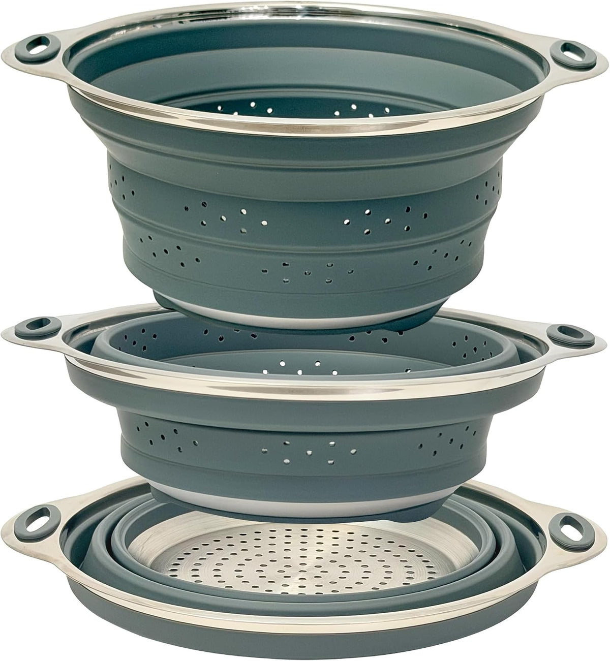 Collapsible Silicone & Steel Colander, Strainer, Large, Gray