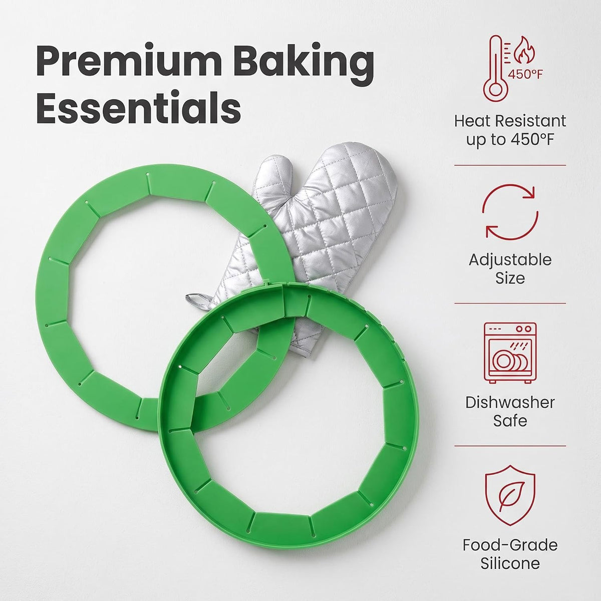 Silicone Pie Crust Shields (2-Pack), Adjustable Pie Protectors,2-Pack Adjustable Silicone Pie Crust Shield, Reusable Pie Crust Protector with insulated gloves, Pie Shield Green.