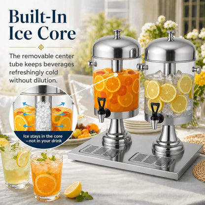 4.4 Gallon Beverage Dispenser with Ice Core | Stainless steel drink dispenser with stand and ice core for cold drinks, juice, lemonade, iced tea, parties, and events.