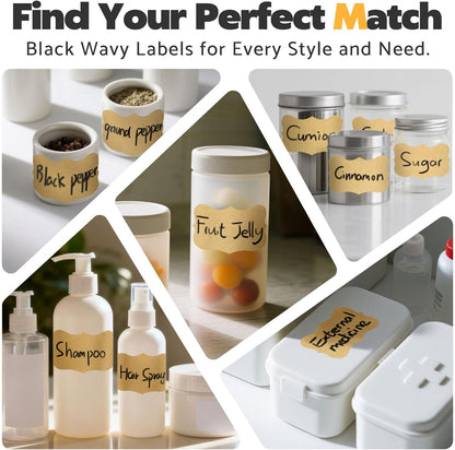 JIEHENG 180Pcs Chalkboard Labels for Jars,Removable Stickers with 1 Liquid Chalk Markers(Black, Wavy)
