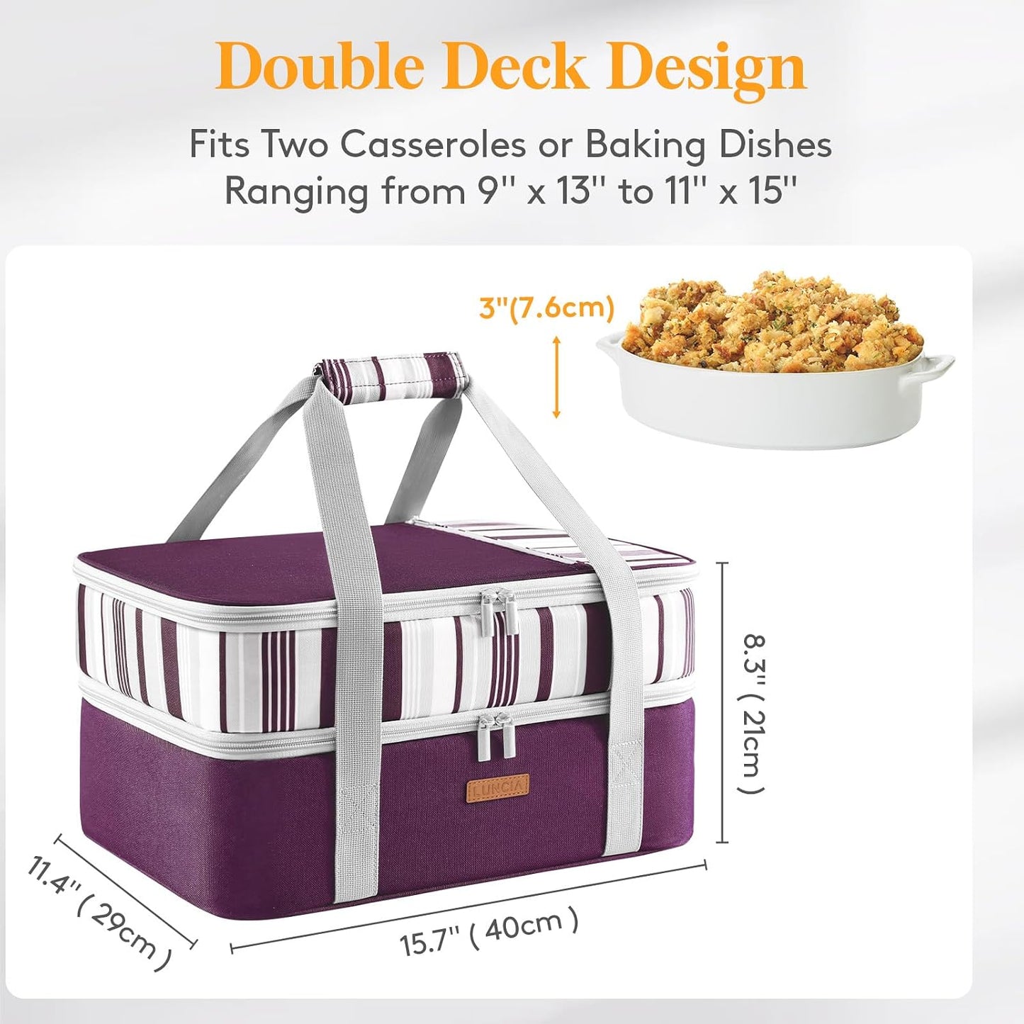 LUNCIA Insulated Single Decker Casserole Carrier, Lasagna Lugger Tote Keeps Food Hot or Cold, Thermal Lunch Bag for Potluck Parties, Picnic and Cookouts, Fits 9" x 13" Baking Dish, Black