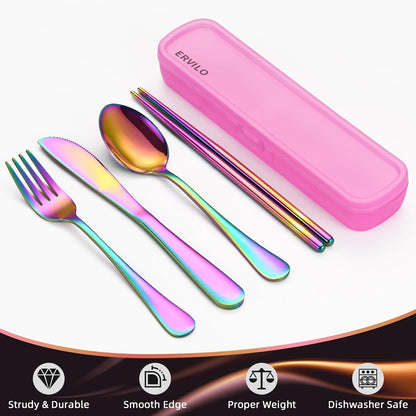 Travel Utensils with Case, Stainless Steel Camping Cutlery Set, Reinforced Case with Snap-Lock Closure, Include Fork Spoon Knife Chopsticks, Portable Lunch Box Silverware for Picnic Office, Black