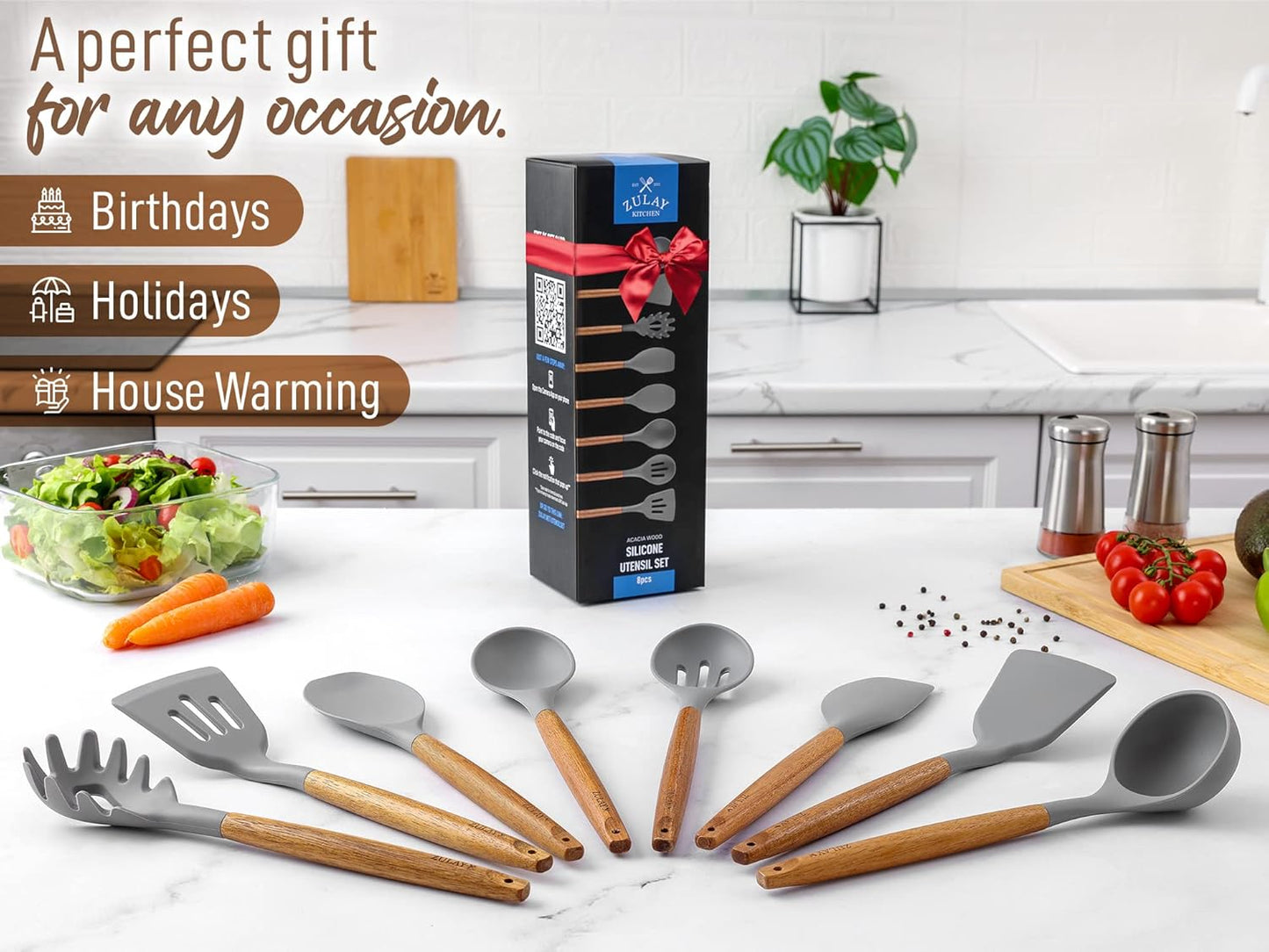 Zulay Kitchen Utensils Set Non-Stick Silicone Cooking Utensils Set with Authentic Acacia Wood Handles - 5 Piece Silicone Utensil Set - Kitchen Utensils Set with 464°F Heat Resistance - Gray