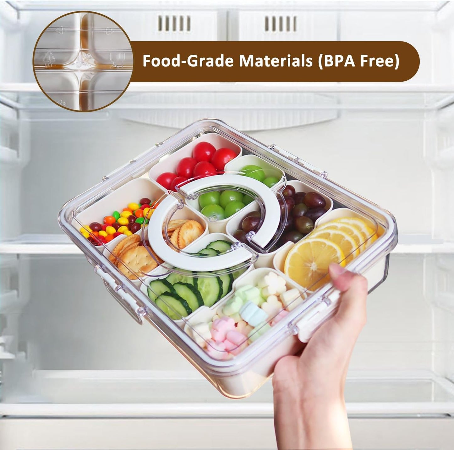 Snackle Box Container, Divided Serving Tray with Lid and Handle, Portable Snack Containers, 8 Compartment Snack Box Container, Transparent Storage Box for Fruits, Vegetables, Candies