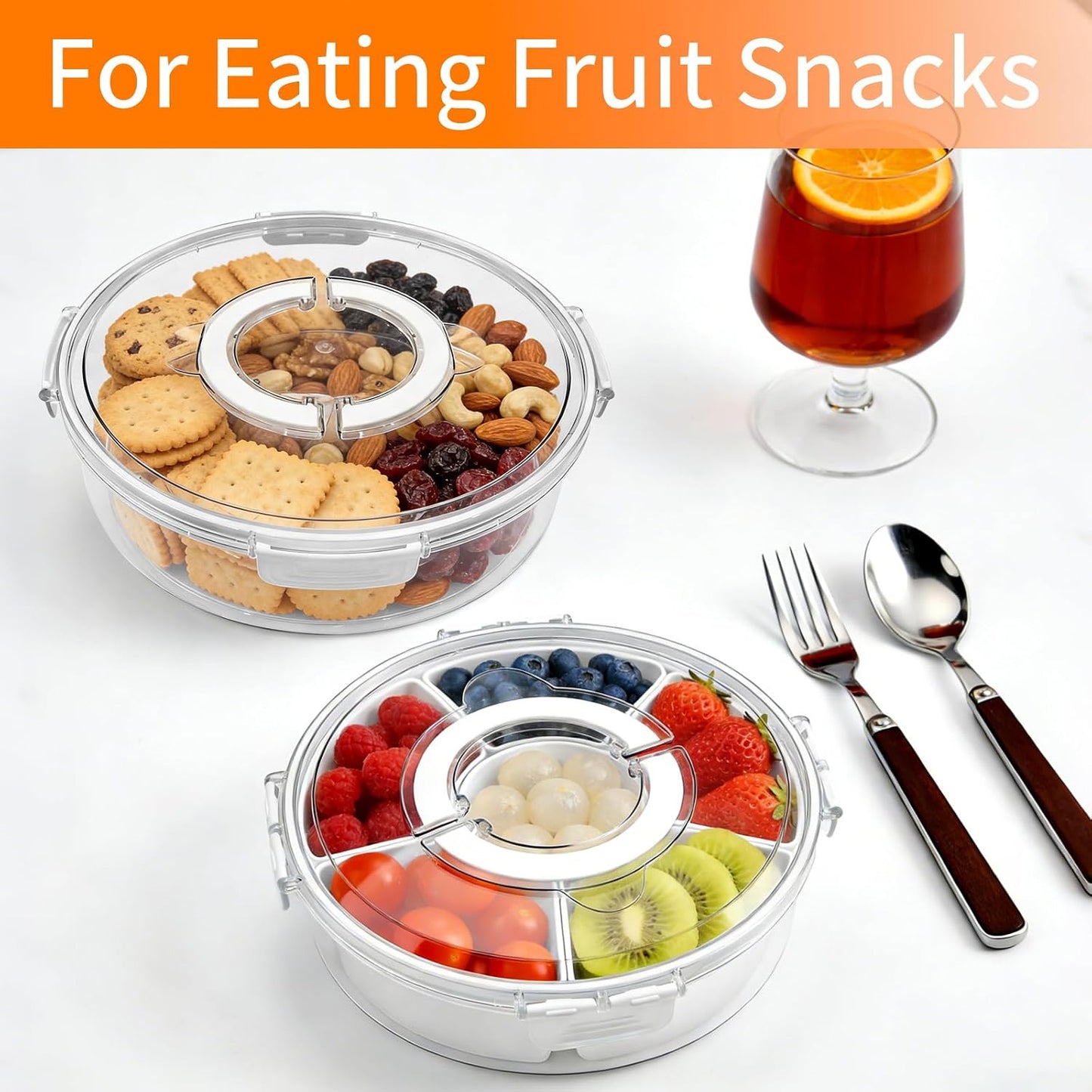 2 Pack Divided Rotating Serving Tray with Lid and Handle, Portable Snack Box Container for Fruits Candy Organizer, Stackable Spinning Rounded Veggie Tray for Kitchen and Picnic, 2 Sizes