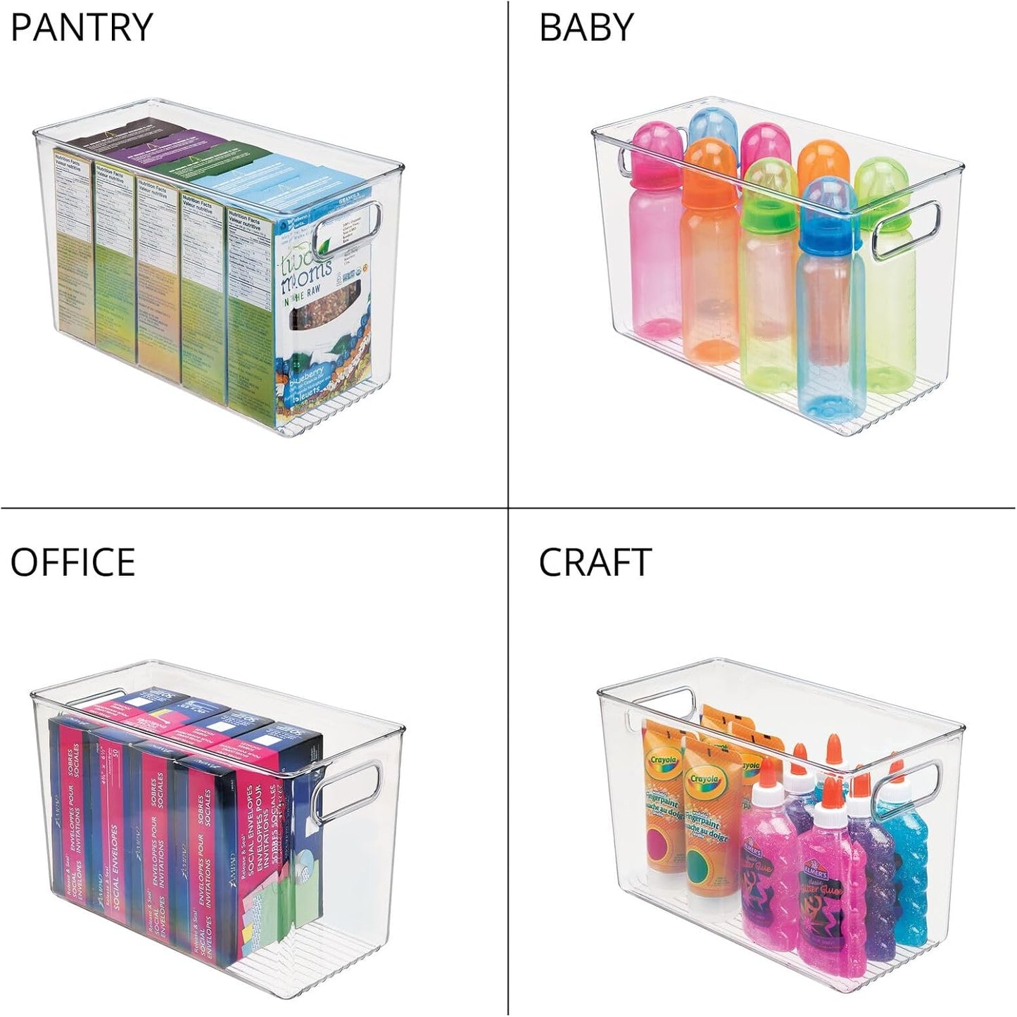 mDesign Plastic Storage Organizer Container Bin for Kitchen Organization in Pantry, Cabinet, Countertop Fridge, Refrigerator, and Freezer - Hold Food, Drink, or Snacks, Ligne Collection, 4 Pack, Clear