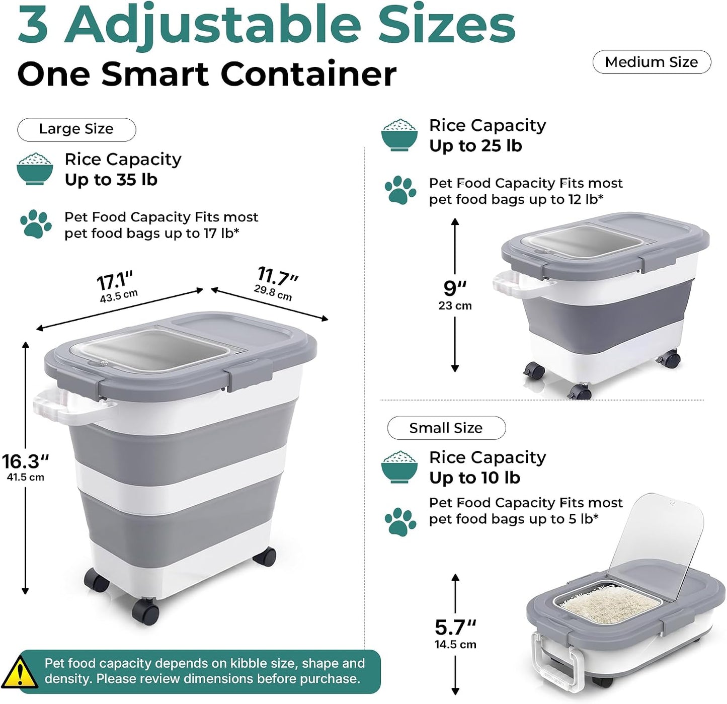 Home & Hearthly Collapsible Rice Storage Container 25–35 lbs, Airtight, Space-Saving Food Storage Bin with Wheels and Measuring Cup, Easy-Pour Grain Dispenser for Rice, Flour and Pet Food
