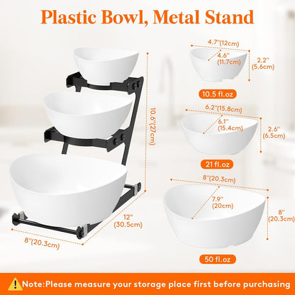 Lifewit 3 Tier Plastic Serving Bowls with Black Metal Stand, Chips and Dip Serving Tray Set for Entertaining Party, Crack-Proof Serving Platters for Fruit/Snack/Candy, 31 x 20 x 27 cm/12 x 8 x 10.6