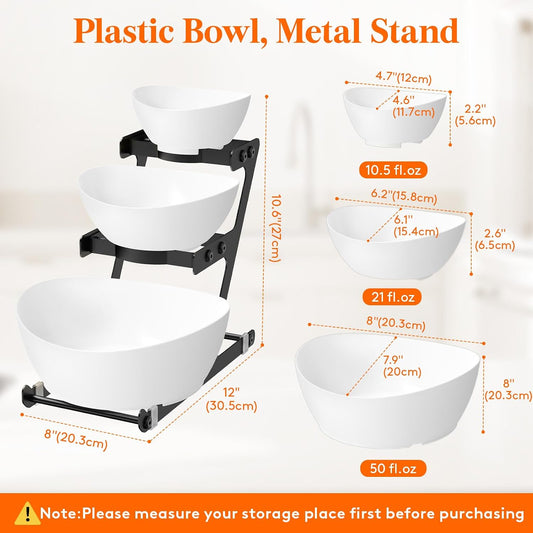 Lifewit 3 Tier Plastic Serving Bowls with Black Metal Stand, Chips and Dip Serving Tray Set for Entertaining Party, Crack-Proof Serving Platters for Fruit/Snack/Candy, 31 x 20 x 27 cm/12 x 8 x 10.6