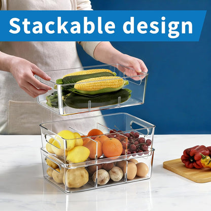 Mpotmiy 6 Pack Pantry Organizers and Storage,Clear Plastic Containers with 2 Dividers for Kitchen,Fridge Organization and Storage,Acrylic Bins for Pounches,Spice Packet,Snack organzier