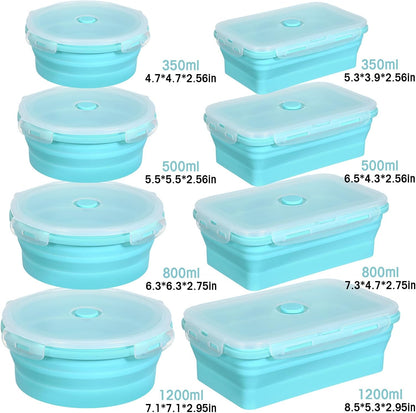 Yaomiao 16 Pack Collapsible Food Storage Containers with Lid Foldable 8 Pcs Rectangle Storage Bowl and 8 Pcs Round Silicone Food Bow for Lunch Rv Accessories Microwave Freezer Safe(Gray, Blue)
