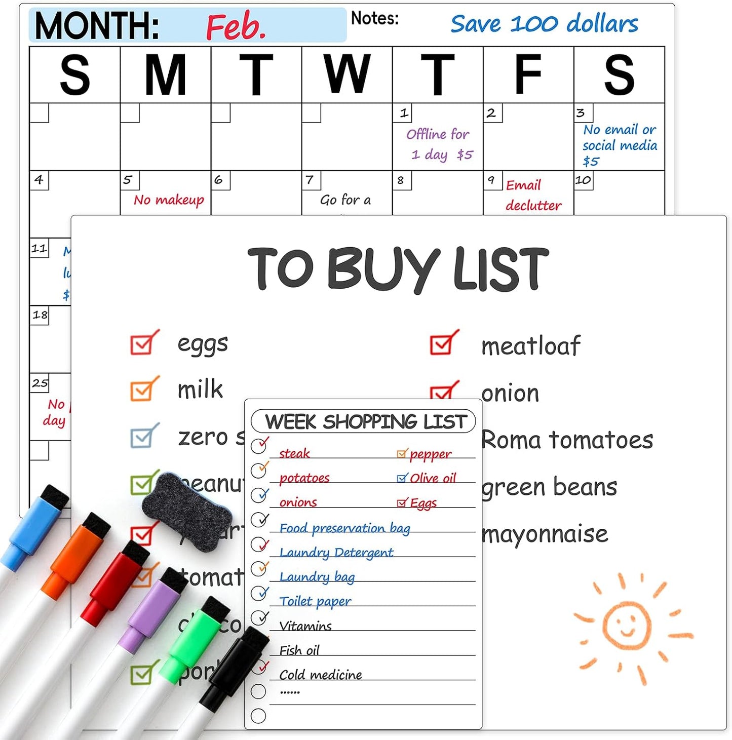 3 Pack Dry Erase Magnetic Calendar for Refrigerator - Monthly & Weekly & Daily Planner Magnet Whiteboard for Fridge Wall - Shopping, Meal/Menu, To Do List, Family Schedule Planning Board (10HB-RIZH3)