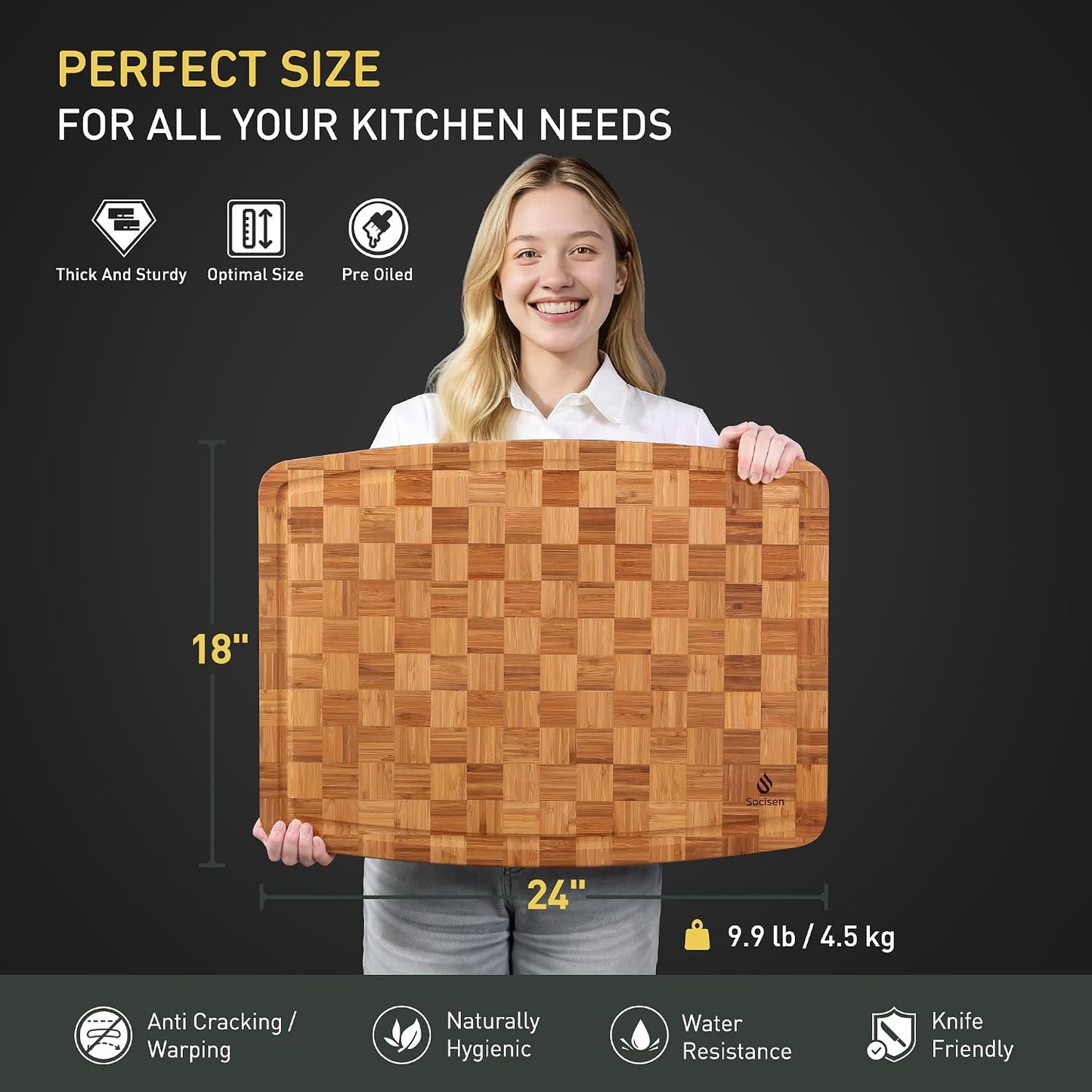 3 Pack Bamboo Cutting Board Set Non Toxic Wooden Cutting Board for Kitchen Non Slip Solid End Grain Thick Wood Juice Groove Chopping Board Edge Grain Teak Smart Marble Flexible Round Stone Metal