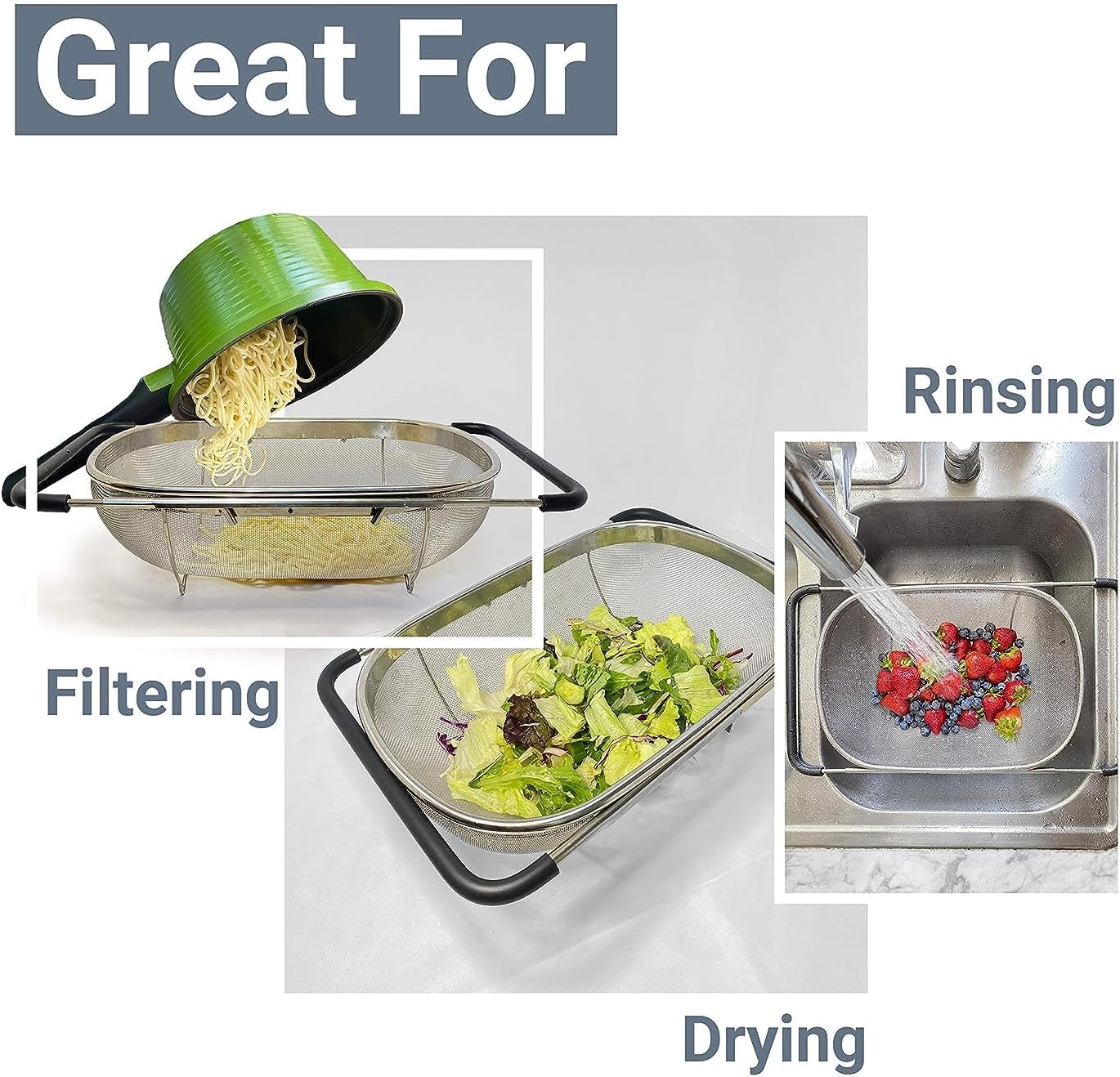 Gormery_Over The Sink Colander Strainer Basket Stainless Steel, for Kitchen Sink with Rubber Grip, Fine Mesh Stainless Steel, Large, Expandable Metal Strainer for Pasta, Food, Vegetables