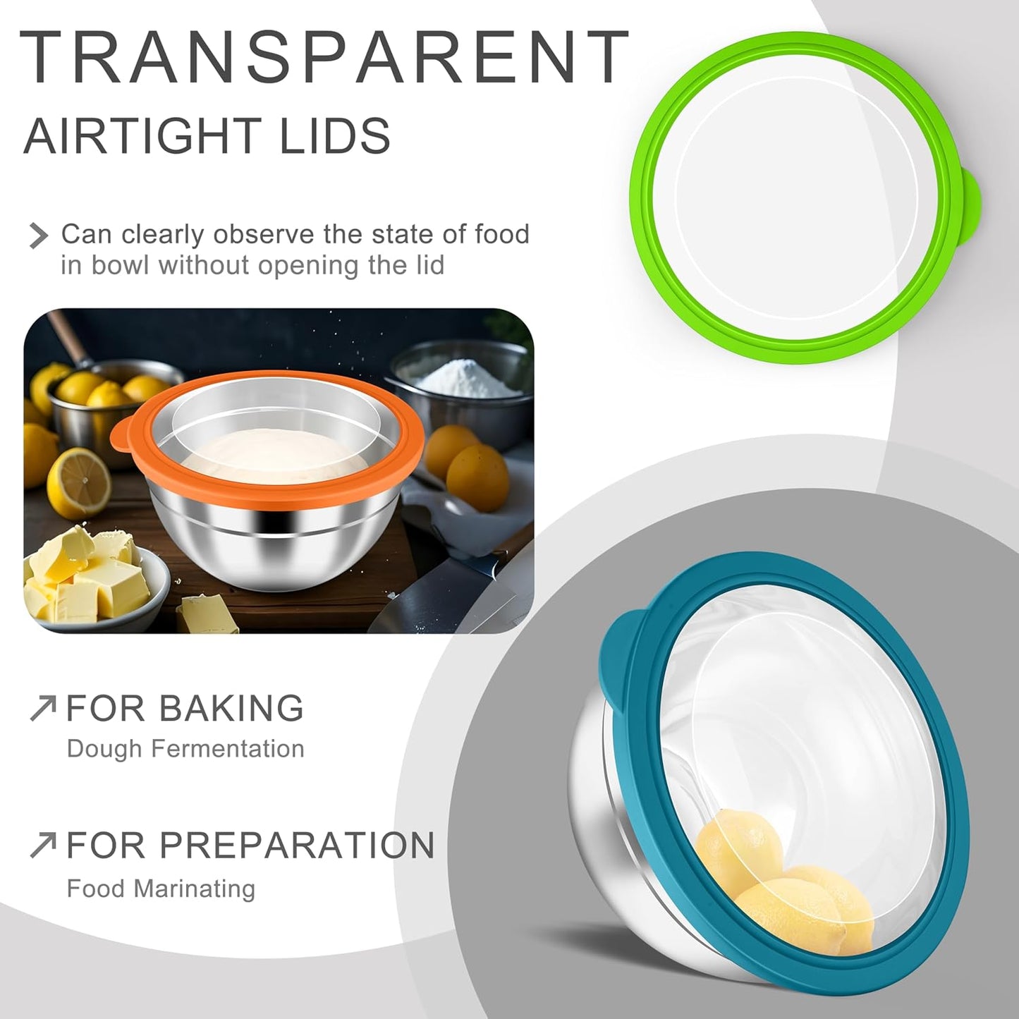 HaWare Mixing Bowls with Airtight Clear Lids, 6-Piece Stainless Steel Strong Nesting Bowls Set, Metal Salad Bowl for Cooking, Prepping, Baking, Serving & Food Storage, Size 4.6, 3, 1.5QT, Khaki