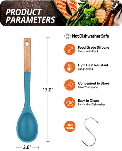 Large Silicone Cooking Spoons, Nonstick Solid Wooden Handle Spoon, Heat Resistan Silicone Kitchen Spoons for Cooking, Serving, Basting, Mixing, 13.2inch (Grey)